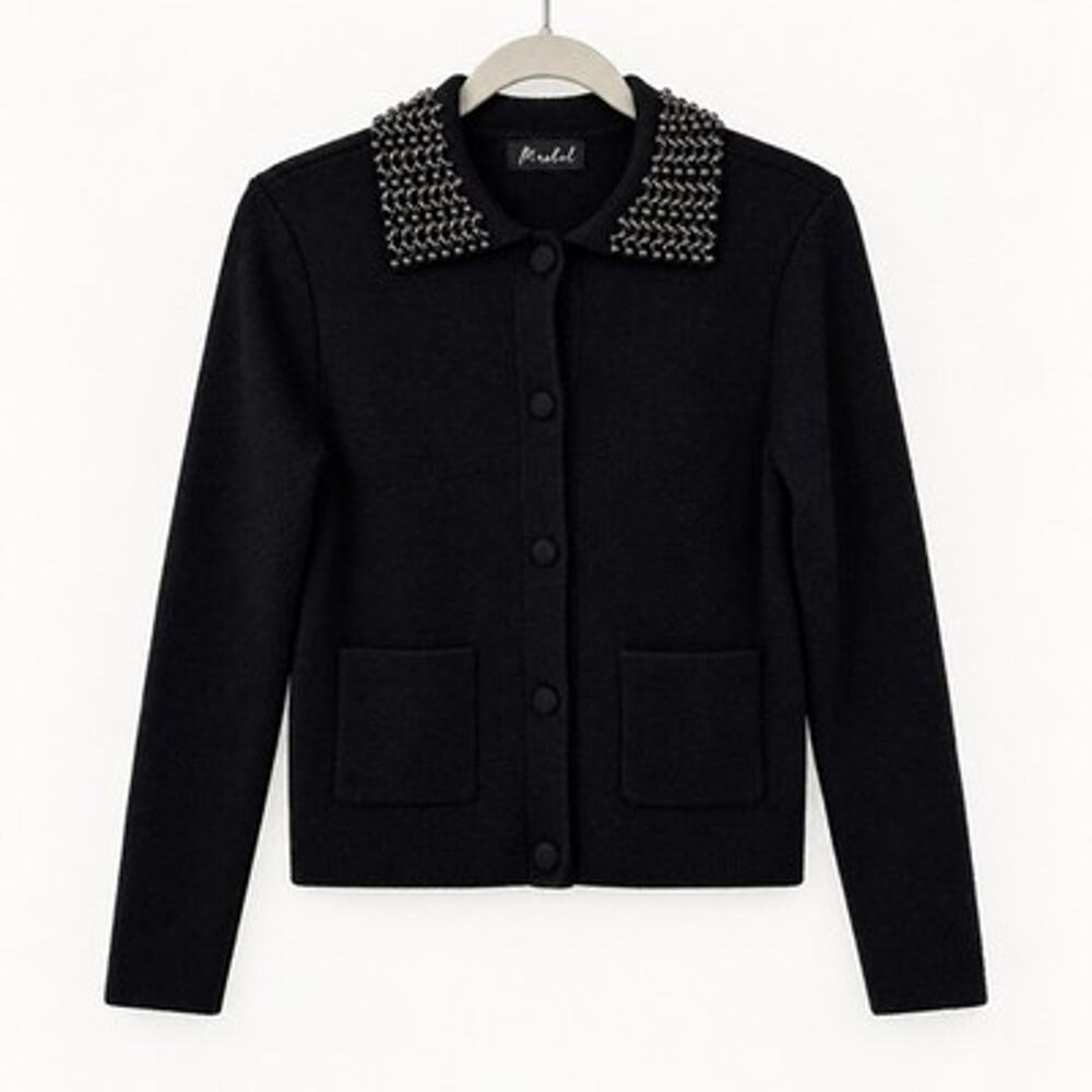 Marled Jeweled Embellished Collar Cardigan Sweater size Medium Black Button Up